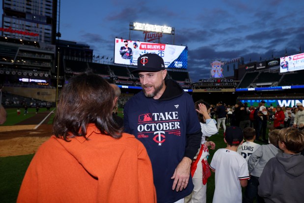 Rocco Baldelli #5 of the Minnesota Twins celebrates after defeating the Toronto Blue Jays in Game Two to win the Wild Card Series at Target Field on Oct. 04, 2023 in Minneapolis, Minnesota. (Photo by Adam Bettcher/Getty Images)
