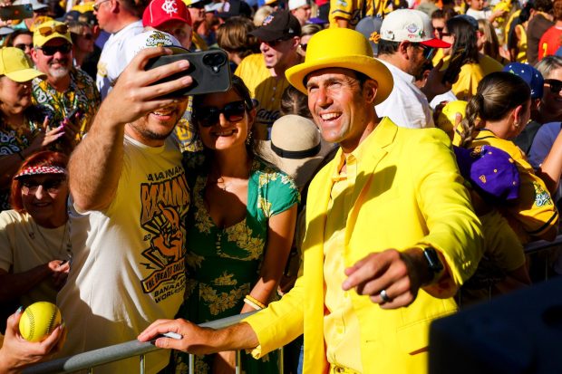 Savannah Bananas owner Jesse Cole greets fans before the Savannah Bananas game against the Firefighters at Petco Park on Saturday, Sept. 6, 2025 in San Diego, CA. (Meg McLaughlin / The San Diego Union-Tribune)