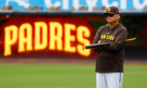 San Diego Padres manager Mike Shildt looks on during a practice at Petco Park on Wednesday, March 26, 2025. (K.C. Alfred / The San Diego Union-Tribune)