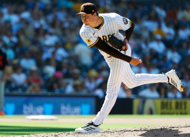 Mason Miller #22 of the San Diego Padres pitches against the Baltimore Orioles at Petco Park on Sept. 3, 2025 in San Diego, California. (K.C. Alfred / The San Diego Union-Tribune)
