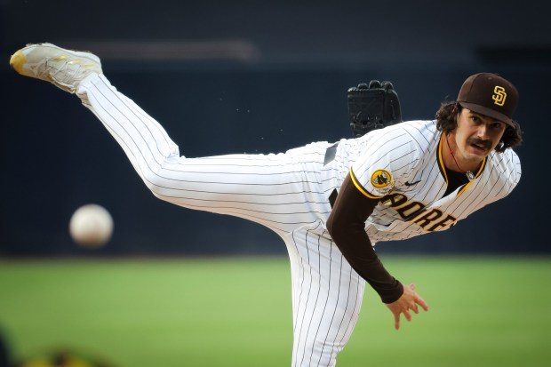 Dylan Cease #84 of the San Diego Padres pitches against the Colorado Rockies during the first inning at Petco Park on Saturday, Sept. 13, 2025 in San Diego, California. (Meg McLaughlin / The San Diego Union-Tribune)