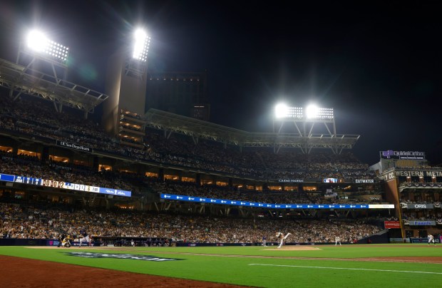San Diego Padres' Michael King throws against Atlanta Braves' Jorge Soler in the fifth inning during a wild card playoff game at Petco Park on Tuesday, Oct., 2024. (K.C. Alfred / The San Diego Union-Tribune)