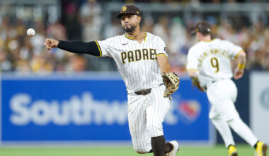 Padres shortstop Xander Bogaerts (2) celebrates after hitting an RBI double during the eighth inning against the Los Angeles Dodgers at Petco Park