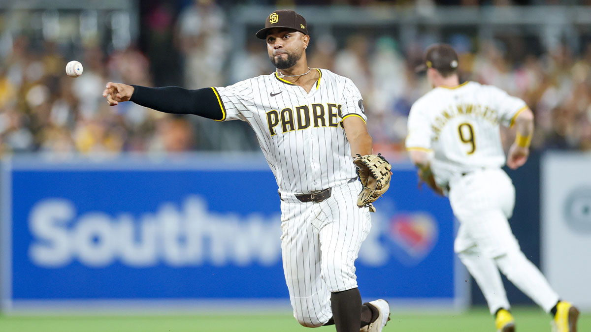 Padres shortstop Xander Bogaerts (2) celebrates after hitting an RBI double during the eighth inning against the Los Angeles Dodgers at Petco Park
