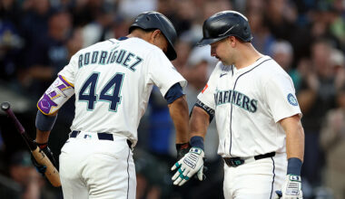 Seattle Mariners Cal Raleigh 59th home run celebration Julio Rodriguez 2025...