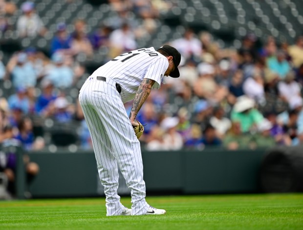 Colorado Rockies pitcher Kyle Freeland (21) reacts after giving up a two-run triple to Toronto Blue Jays right fielder Nathan Lukes (39) in the 5th inning at Coors Field in Denver, on Wednesday, Aug. 06, 2025. (Photo by Andy Cross/The Denver Post)