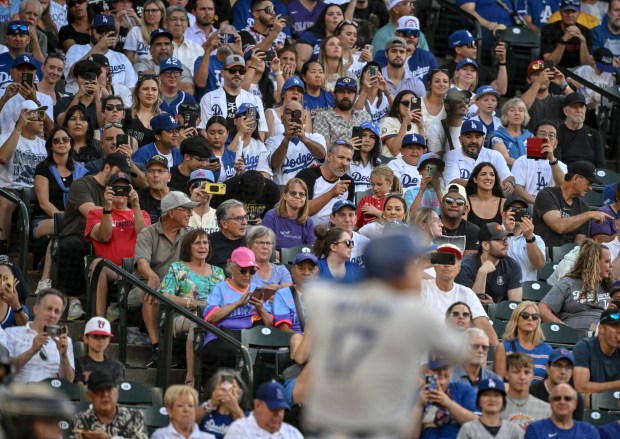 Shohei Ohtani (17) of the Los Angeles Dodgers bats in front of the Dodger faithful during the first inning against Kyle Freeland (21) of the Colorado Rockies at Coors Field in Denver on Monday, Aug. 18, 2025. (Photo by AAron Ontiveroz/The Denver Post)