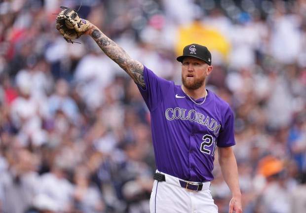 Colorado Rockies starting pitcher Kyle Freeland calls for a new ball after giving up a solo home run to New York Yankees' Aaron Judge in the first inning of a baseball game Saturday, May 24, 2025, in Denver. (AP Photo/David Zalubowski)