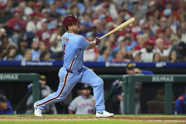 Phillies third baseman Otto Kemp launches a two-run home run in the bottom of the fourth inning against the New York Mets at Citizens Bank Park on Sept. 11, 2025 in Philadelphia. The Phillies defeated the Mets 6-4. (Photo by Mitchell Leff/Getty Images)
