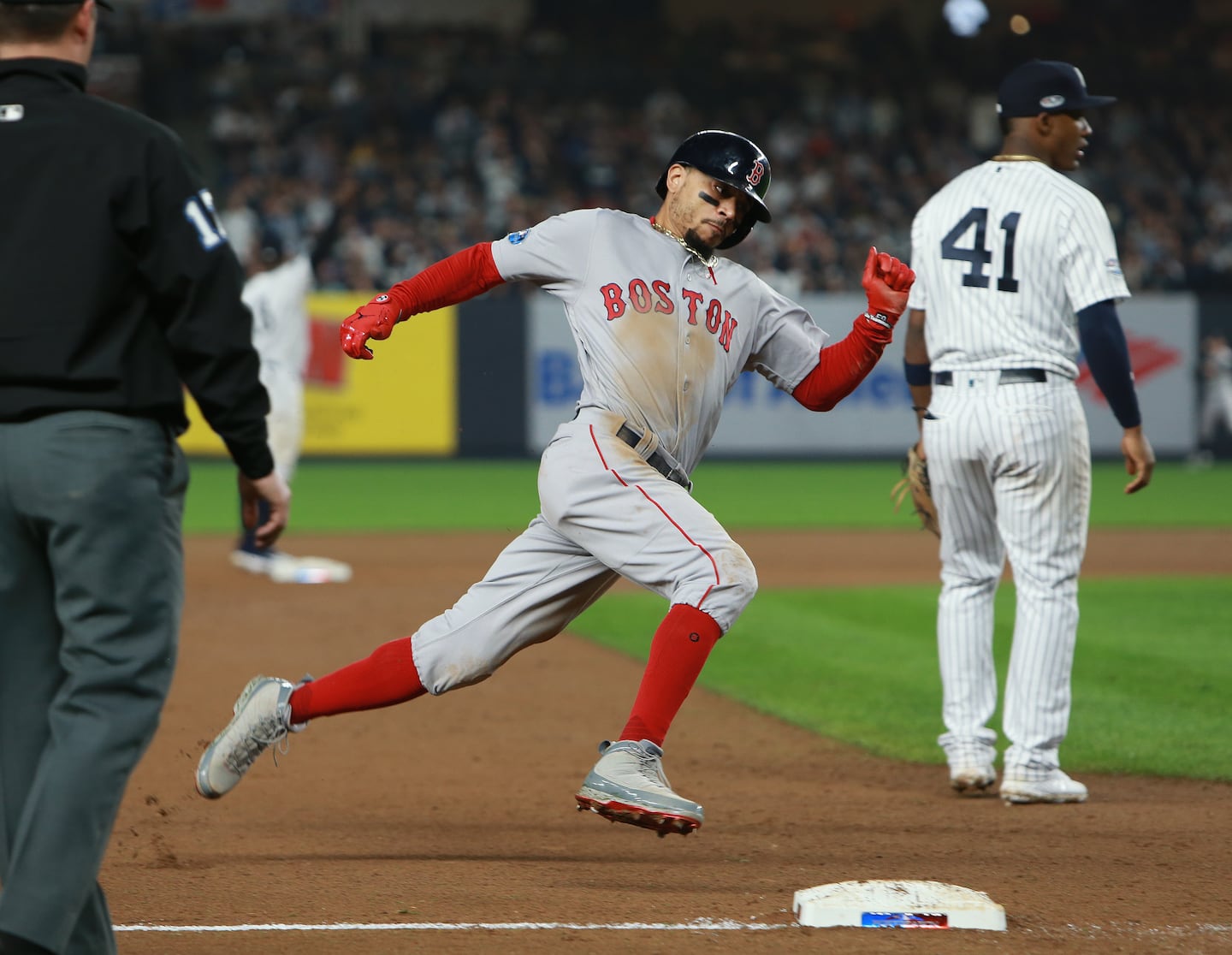 The Sox and Yankees met in the 2018 ALDS, the first playoff meeting for the two sides in 15 years. Mookie Betts rounded third base during Game 3, as the Sox raced past the Yankees on their way to another World Series win.