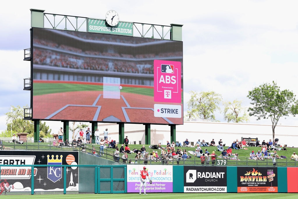 The video board displays the Automated Ball-Strike system on a challenge in the second inning of a spring training game.
