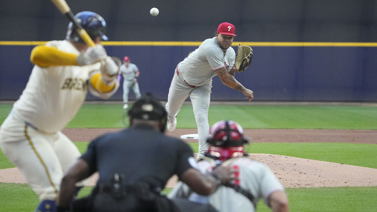 Sep 1, 2025; Milwaukee, Wisconsin, USA; Philadelphia Phillies pitcher Taijuan Walker (99) delivers a pitch against the Milwaukee Brewers in the first inning at American Family Field. 