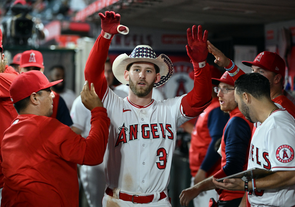 ANAHEIM, CA - SEPTEMBER 28: Los Angeles Angels right fielder Taylor Ward (3) in the dugout after hitting a solo home run in the eighth inning of an MLB baseball game against the Oakland Athletics played on September 28, 2022 at Angel Stadium in Anaheim, CA. (Photo by John Cordes/Icon Sportswire)