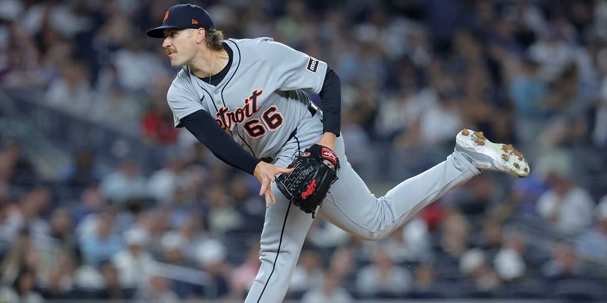 Detroit Tigers relief pitcher Sawyer Gipson-Long (66) follows through on a pitch against the New York Yankees during the second inning at Yankee Stadium.