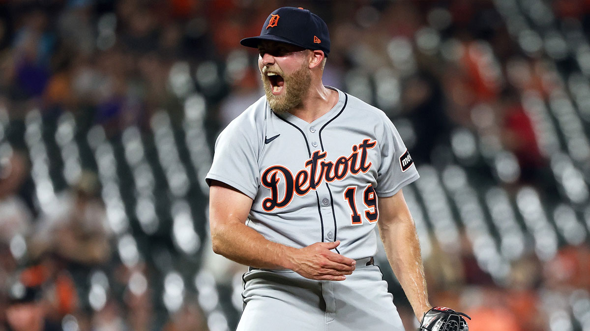 Detroit Tigers pitcher Will Vest (19) celebrates after a game against the Baltimore Orioles at Oriole Park at Camden Yards.