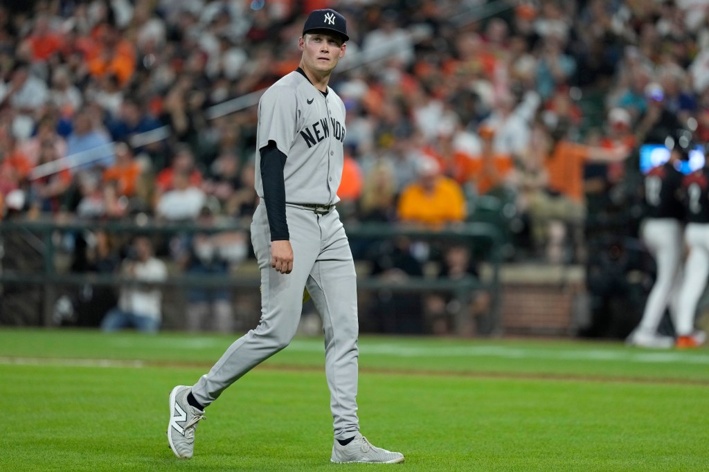 A dejected Will Warren heads to the dugout after being taken out of the game in the sixth inning of the Yankees' 4-2 loss to Orioles on Sept 20, 2025.
