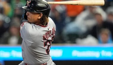 Cleveland Guardians' Bo Naylor (23) hits a two-RBI single against the Minnesota Twins in the first inning of a baseball game, Friday, Sept. 19, 2025, in Minneapolis. (AP Photo/Mike Stewart)