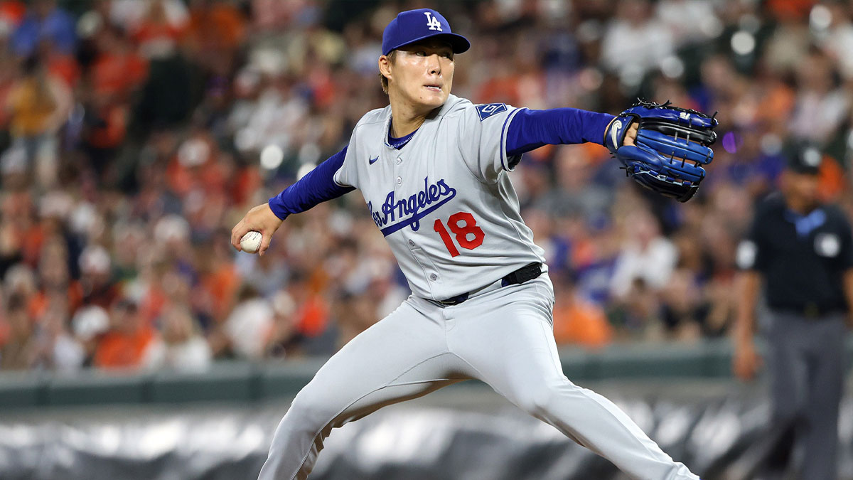 Los Angeles Dodgers pitcher Yoshinobu Yamamoto (18) throws during the ninth inning against the Baltimore Orioles at Oriole Park at Camden Yards.