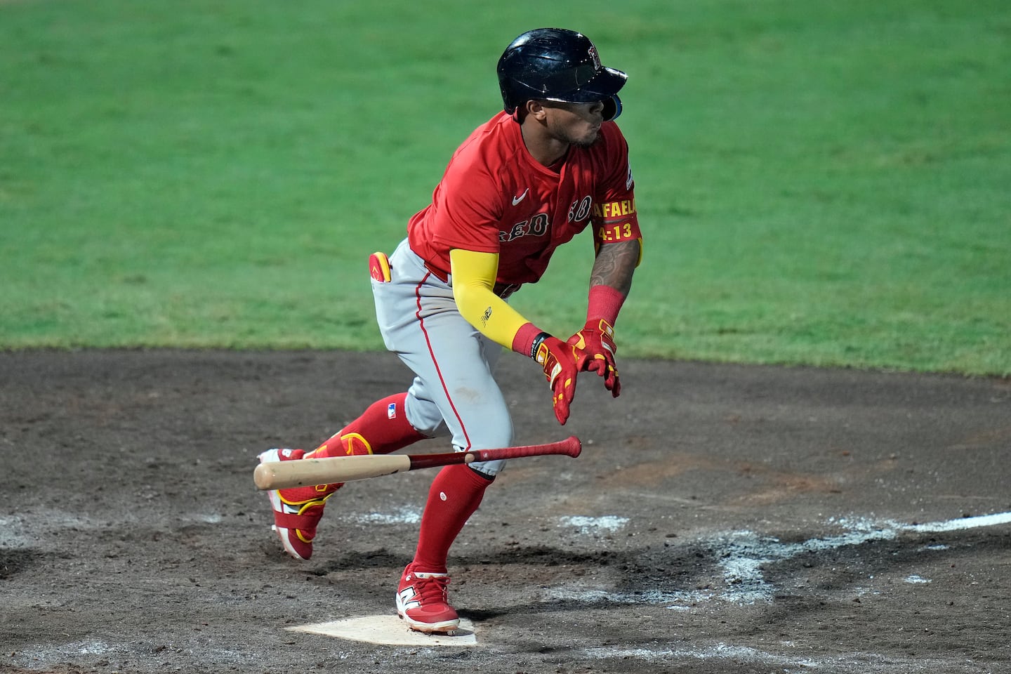 Ceddanne Rafaela hits an RBI single off the Rays' Cole Wilcox in the eighth inning.