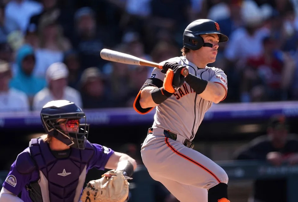 Drew Gilbert singles off Colorado Rockies starting pitcher Chase Dollander in the fifth inning of a Sept. 1, 2025 game. AP