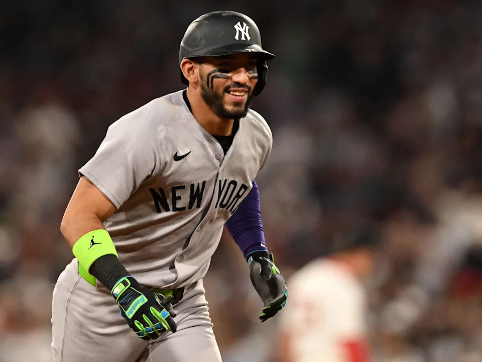 Sep 14, 2025; Boston, Massachusetts, USA; New York Yankees shortstop Jose Caballero (72) reacts after hitting. Solo home run against the Boston Red Sox during the seventh inning at Fenway Park. Mandatory Credit: Brian Fluharty-Imagn Images