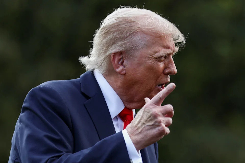 Trump speaks to the media before boarding Marine One to depart for the Yankees game. Trump has experimented with various shades of makeup to conceal his bruise. / Evelyn Hockstein / Evelyn Hockstein/REUTERS