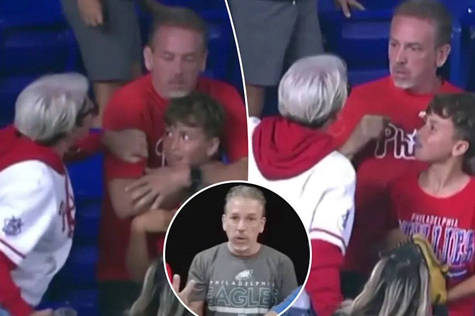 An image collage containing 3 images, Image 1 shows A Phillies fan arguing with a father for a home run ball, Image 2 shows A Phillies fan arguing with a man over a baseball, Image 3 shows Screenshot of a man and two children sitting at a table, the man wearing a Philadelphia Eagles shirt
