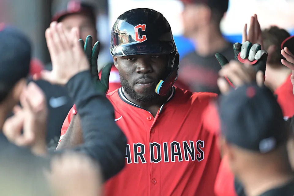 Cleveland Guardians' Jhonkensy Noel celebrates after hitting a home run against the Texas Rangers on Sept. 28, 2025, in Cleveland.