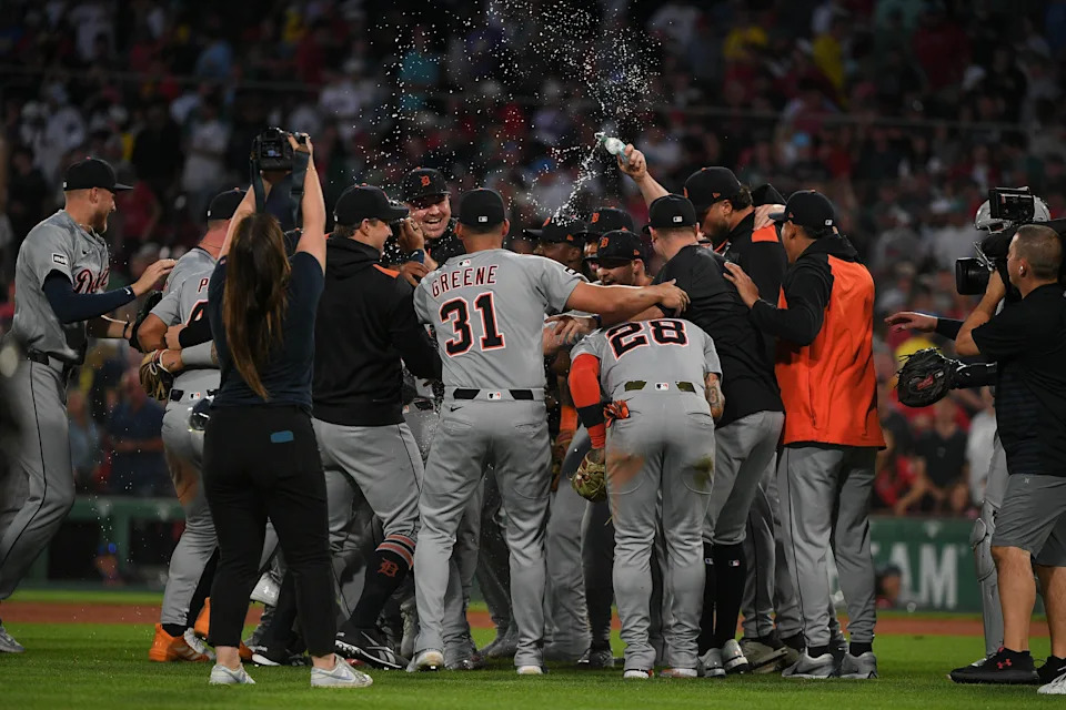Sep 27, 2025; Boston, Massachusetts, USA; The Detroit Tigers celebrate their playoff berth after defeating the Boston Red Sox at Fenway Park. Mandatory Credit: Bob DeChiara-Imagn Images