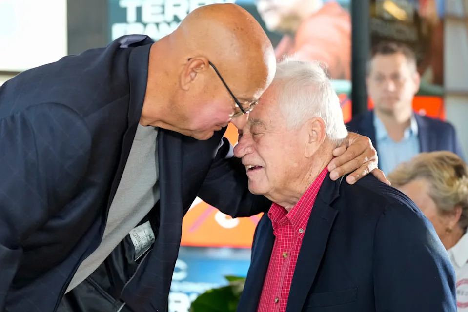 New manager Terry Francona talks with team owner Bob Castellini after an event to introduce the new manager of the Cincinnati Reds at Great American Ball Park in downtown Cincinnati on Monday, Oct. 7, 2024.