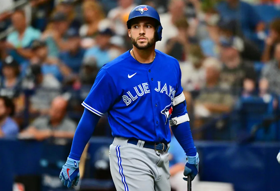 ST PETERSBURG, FLORIDA - MAY 15: George Springer #4 of the Toronto Blue Jays reacts after striking out in the sixth inning against the Tampa Bay Rays at Tropicana Field on May 15, 2022 in St Petersburg, Florida. (Photo by Julio Aguilar/Getty Images)Julio Aguilar/Getty Images