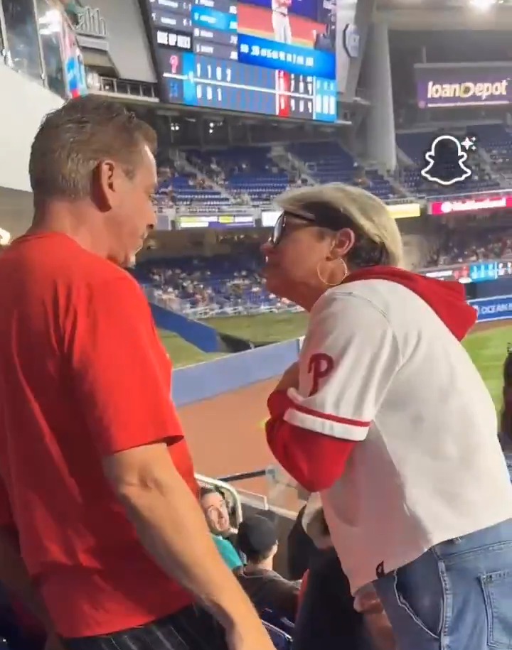 Woman yelling at a man at a baseball game.