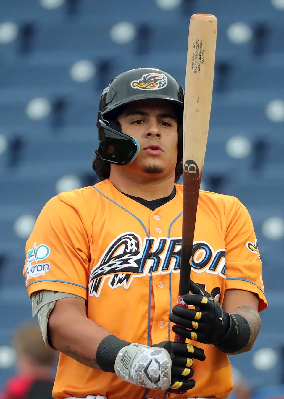 Akron RubberDucks designated hitter Ralphy Velazquez readies himself during the first inning of a Minor League Baseball game at Canal Park, Aug. 21, 2025, in Akron, Ohio.