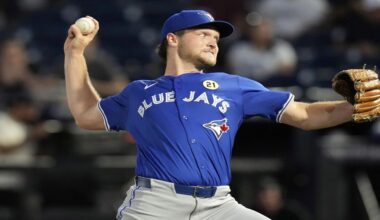 Toronto Blue Jays pitcher Trey Yesavage delivers to the Tampa Bay Rays during the first inning of a baseball game Monday, Sept. 15, 2025, in Tampa, Fla. (AP Photo/Chris O'Meara)