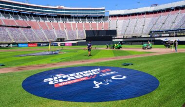 Work continues on the baseball field inside the racetrack at Bristol Motor Speedway, Friday, July 25, 2025, in Bristol, Tenn., for MLB Speedway Classic baseball game between the Cincinnati Reds and Atlanta Braves on Aug. 2. (Earl Neikirk/Bristol Motor Speedway via AP
