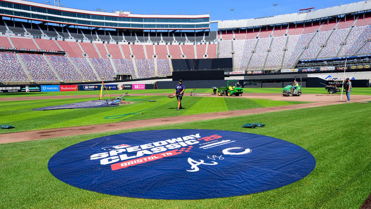 Work continues on the baseball field inside the racetrack at Bristol Motor Speedway, Friday, July 25, 2025, in Bristol, Tenn., for MLB Speedway Classic baseball game between the Cincinnati Reds and Atlanta Braves on Aug. 2. (Earl Neikirk/Bristol Motor Speedway via AP