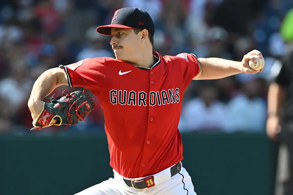 Sep 28, 2025; Cleveland, Ohio, USA; Cleveland Guardians starting pitcher Logan Allen (26) throws a pitch against the Texas Rangers during the first inning at Progressive Field. Mandatory Credit: Ken Blaze-Imagn Images