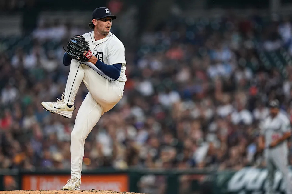 Detroit Tigers pitcher Kyle Finnegan (64) delivers a pitch against Minnesota Twins during the ninth inning at Comerica Park in Detroit in Monday, August 4, 2025.