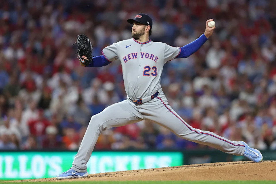 New York Mets starting pitcher David Peterson tosses a pitch against the Philadelphia Phillies on Sept. 11, 2025, at Citizens Bank Park.