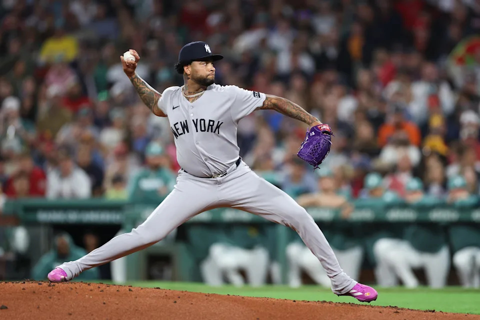 Sep 12, 2025; Boston, Massachusetts, USA; New York Yankees starting pitcher Luis Gil (81) delivers a pitch during the second inning against the Boston Red Sox at Fenway Park. Mandatory Credit: Paul Rutherford-Imagn Images