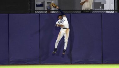 Tampa Bay Rays outfielder Chandler Simpson makes a leaping catch on a fly ball from Toronto Blue Jays' Alejandro Kirk during the fourth inning of a baseball game Wednesday, Sept. 17, 2025, in Tampa, Fla. (AP Photo/Mike Carlson)