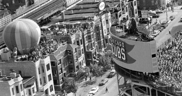 An aerial view shows a crowded Wrigleyville and Wrigley Field for the Cubs' first game of five against the Padres during the NLCS on Oct. 2, 1984, in Chicago. (James Mayo/Chicago Tribune) 