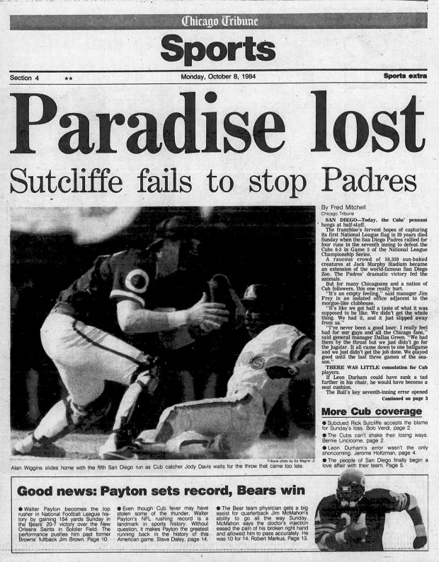 The Chicago Tribune reports on Oct. 8, 1984, of the Cubs fall to the Padres the previous day during the National League Championship Series in San Diego. (Chicago Tribune)