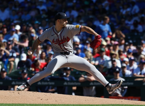 Braves starting pitcher Spencer Strider throws against the Cubs in the first inning at Wrigley Field on Sept. 1, 2025, in Chicago. (John J. Kim/Chicago Tribune)