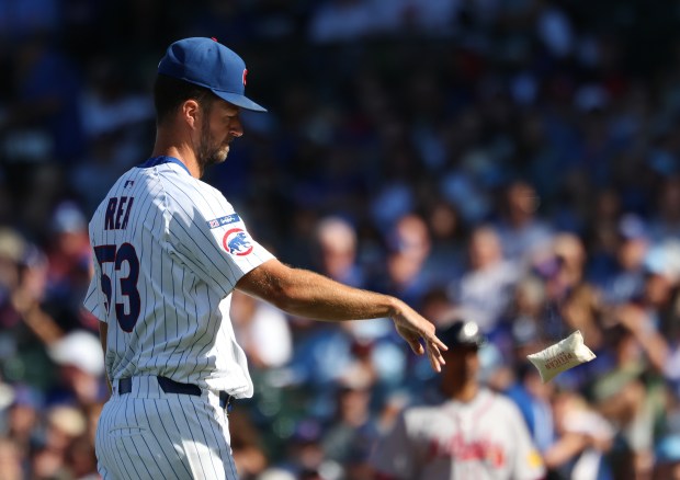 Cubs starting pitcher Colin Rea tosses the rosin bag after hitting Braves right fielder Ronald Acuña Jr. in the third inning at Wrigley Field on Sept. 1, 2025, in Chicago. (John J. Kim/Chicago Tribune)