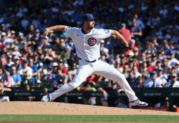 Cubs starting pitcher Colin Rea throws in the fourth inning against the Braves at Wrigley Field on Sept. 1, 2025, in Chicago. (John J. Kim/Chicago Tribune)