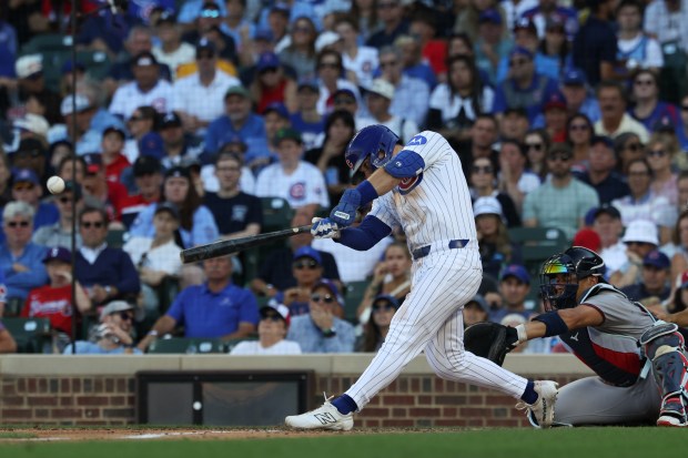 Cubs third baseman Matt Shaw connects for an RBI double in the fifth inning against the Braves at Wrigley Field on Sept. 1, 2025, in Chicago. (John J. Kim/Chicago Tribune)