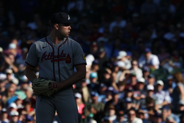 Braves pitcher Hunter Stratton waits for the sign while pitching against the Cubs in the sixth inning at Wrigley Field on Sept. 1, 2025, in Chicago. (John J. Kim/Chicago Tribune)