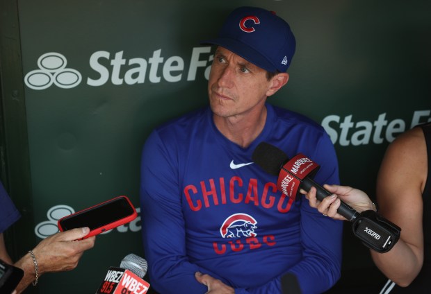 Cubs manager Craig Counsell takes reporters' questions before a game against the Cardinals at Wrigley Field on Sept. 27, 2025, in Chicago. (John J. Kim/Chicago Tribune)