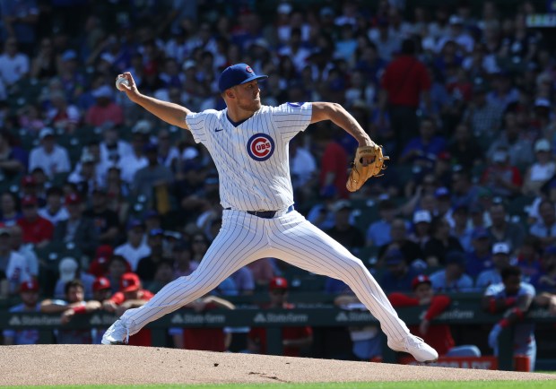 Cubs starting pitcher Jameson Taillon throws against the Cardinals in the first inning at Wrigley Field on Sept. 27, 2025, in Chicago. (John J. Kim/Chicago Tribune)